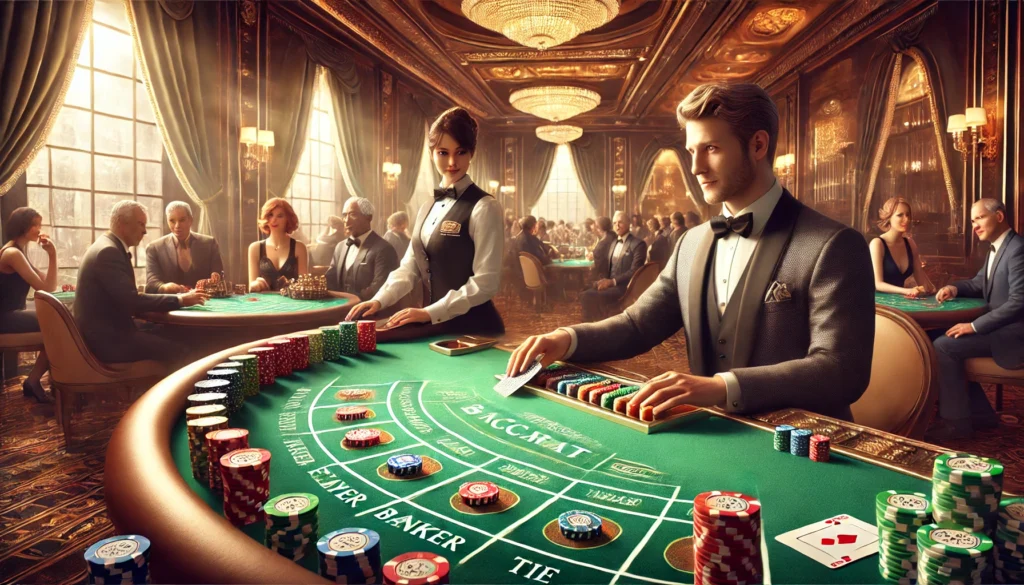 豪華賭場內的百家樂遊戲場景，玩家優雅地進行投注，荷官發牌，桌上擺滿籌碼。