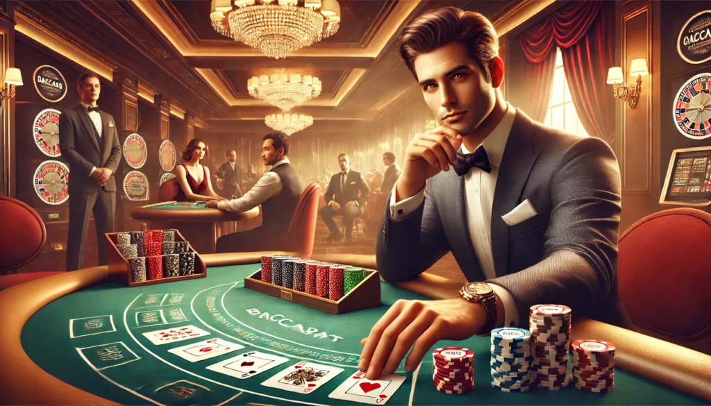 一位西裝筆挺的男子坐在百家樂賭桌前，周圍環繞著華麗的水晶燈與高級賭場氛圍。他面帶自信，桌上擺滿籌碼與已發出的牌，象徵策略與運氣的較量。