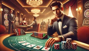一位西裝筆挺的男子坐在百家樂賭桌前，周圍環繞著華麗的水晶燈與高級賭場氛圍。他面帶自信，桌上擺滿籌碼與已發出的牌，象徵策略與運氣的較量。
