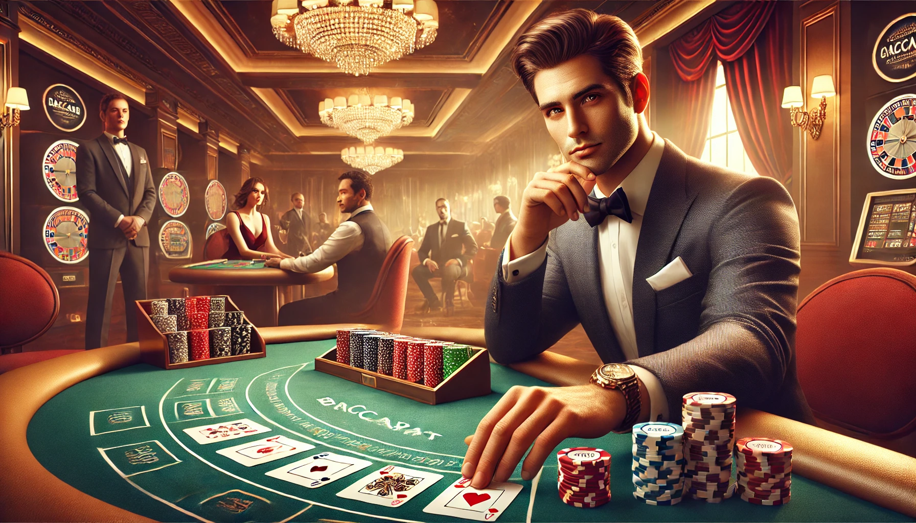 一位西裝筆挺的男子坐在百家樂賭桌前，周圍環繞著華麗的水晶燈與高級賭場氛圍。他面帶自信，桌上擺滿籌碼與已發出的牌，象徵策略與運氣的較量。