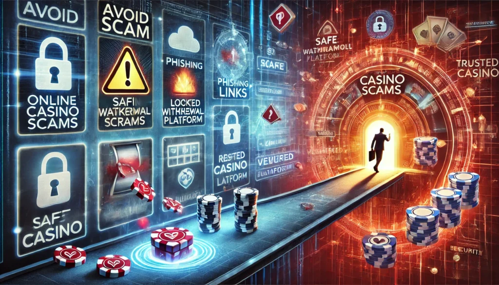 「線上娛樂城詐騙與安全平台對比，顯示防範詐騙的關鍵要點，如釣魚連結與提款陷阱。」