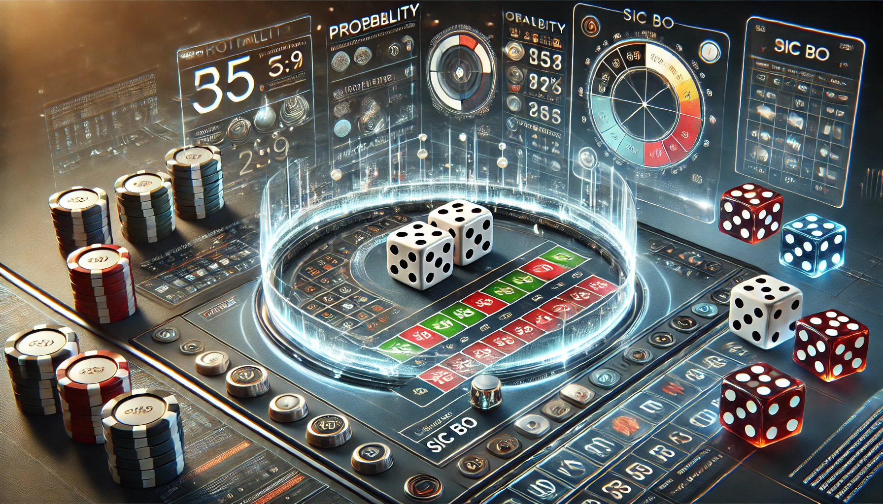 未來感骰寶桌面與分析儀表，結合大數據與機率統計，展示娛樂城骰寶遊戲的投注與贏錢策略。