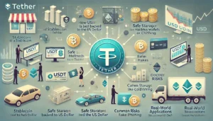 USDT（Tether）穩定幣應用全景圖，涵蓋錨定美元原理、去中心化儲存方式、風險因子與真實世界應用場景。